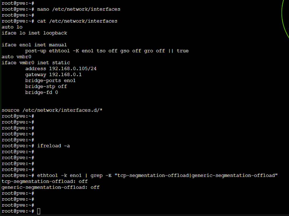 ethtool command confirms segemntation-offloads off