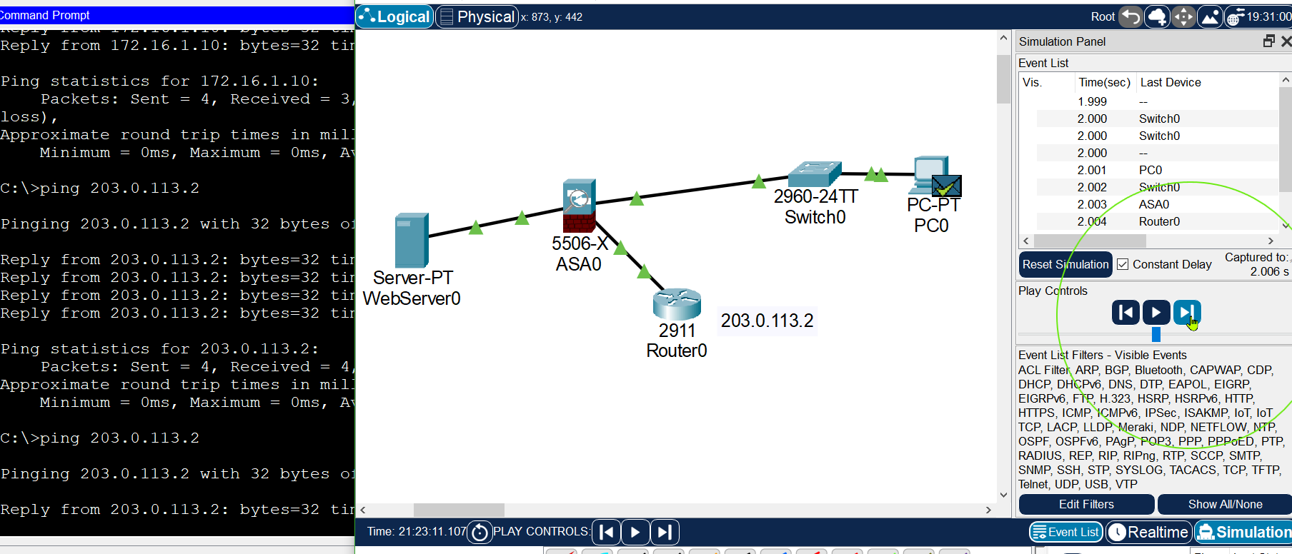 packet tracer simulation mode with pc cmd ping to router