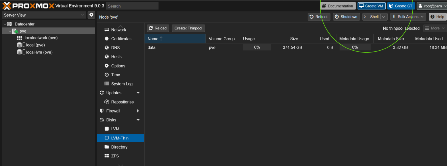 Proxmox GUI Create VM wizard with LVM-Thin storage highlighted